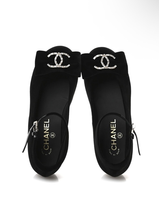 CHANEL Shoes - NWOT CHANEL 24K Black Velour Crystal CC-bow Embellished Ankle-Strap Flats 37
